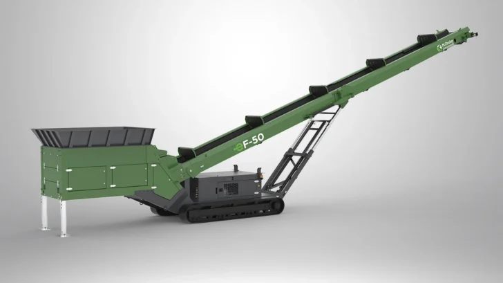 Side profile of the EF-50 Feeder Stacker showing the large feed hopper, 50′ conveyor, tracked undercarriage, and compact frame.