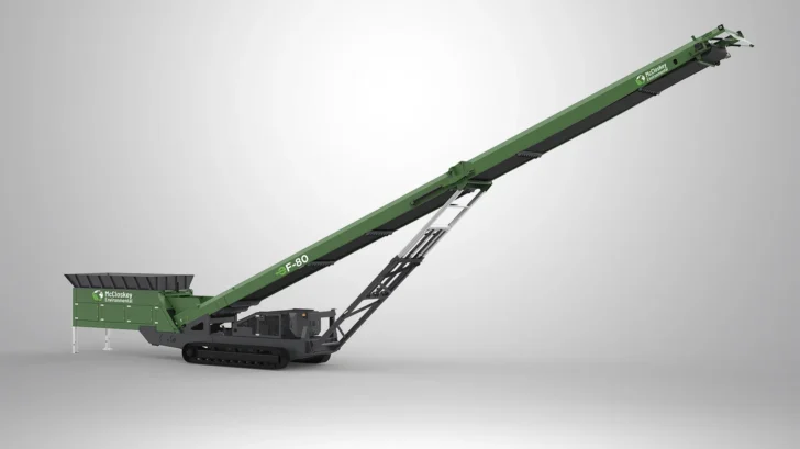 Side profile of the EF-80 Feeder Stacker showing the elevated 80′ conveyor, tracked undercarriage, feeder hopper, and support frame.