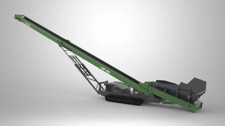 McCloskey ERF-80 tracked feeder stacker with elevated 80′ conveyor and large rear loading hopper.