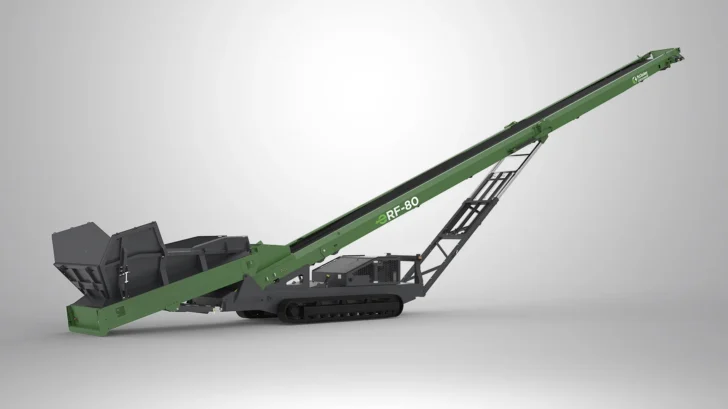 Angled side profile of the ERF-80 Feeder Stacker with compact tracked chassis, rear hopper, and raised stockpiling conveyor.