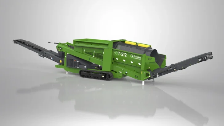 Rear angle view of the ET-512RT Trommel showing the tracked undercarriage, screening drum, and extended conveyors.