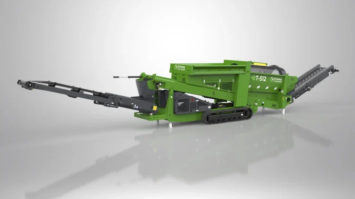 McCloskey Trommel with tracked base, feed conveyor, radial conveyor, and stockpiling conveyor layout.