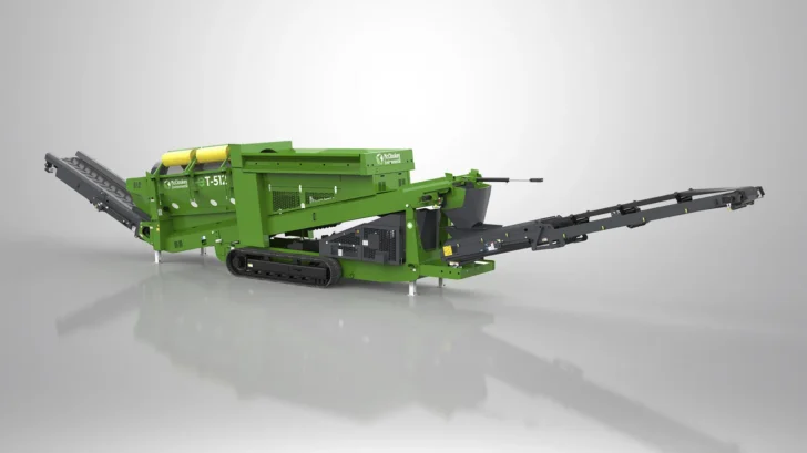 Angled side view of the ET-512RT Trommel showing the 5′ × 12′ drum, crawler tracks, and extended discharge conveyors.