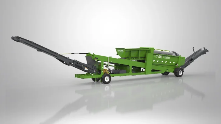 McCloskey Environmental Trommel with hydraulic folding conveyors and mobile wheeled frame.
