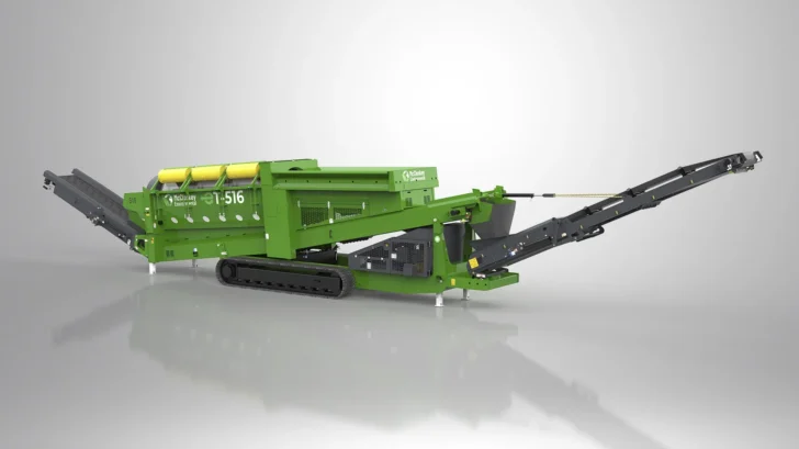 Angled view of the McCloskey Environmental ET-516RT Trommel showing the tracked base and heavy-duty feed area.