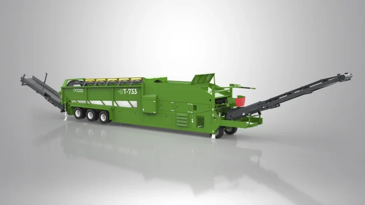 McCloskey Environmental ET-733RE Trommel angled view with radial fines conveyor and oversize conveyor extended.
